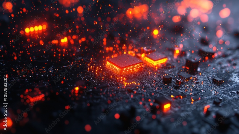 Close-up of a circuit board with glowing chips and particles. Close-up of a circuit board with glowing chips and particles.