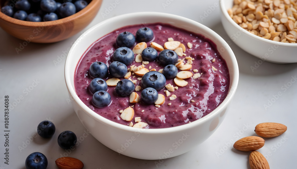 Protein-packed smoothie bowl with pea protein, blueberries, and almond slices in natural lighting Protein-packed smoothie bowl with pea protein, blueberries, and almond slices in natural lighting