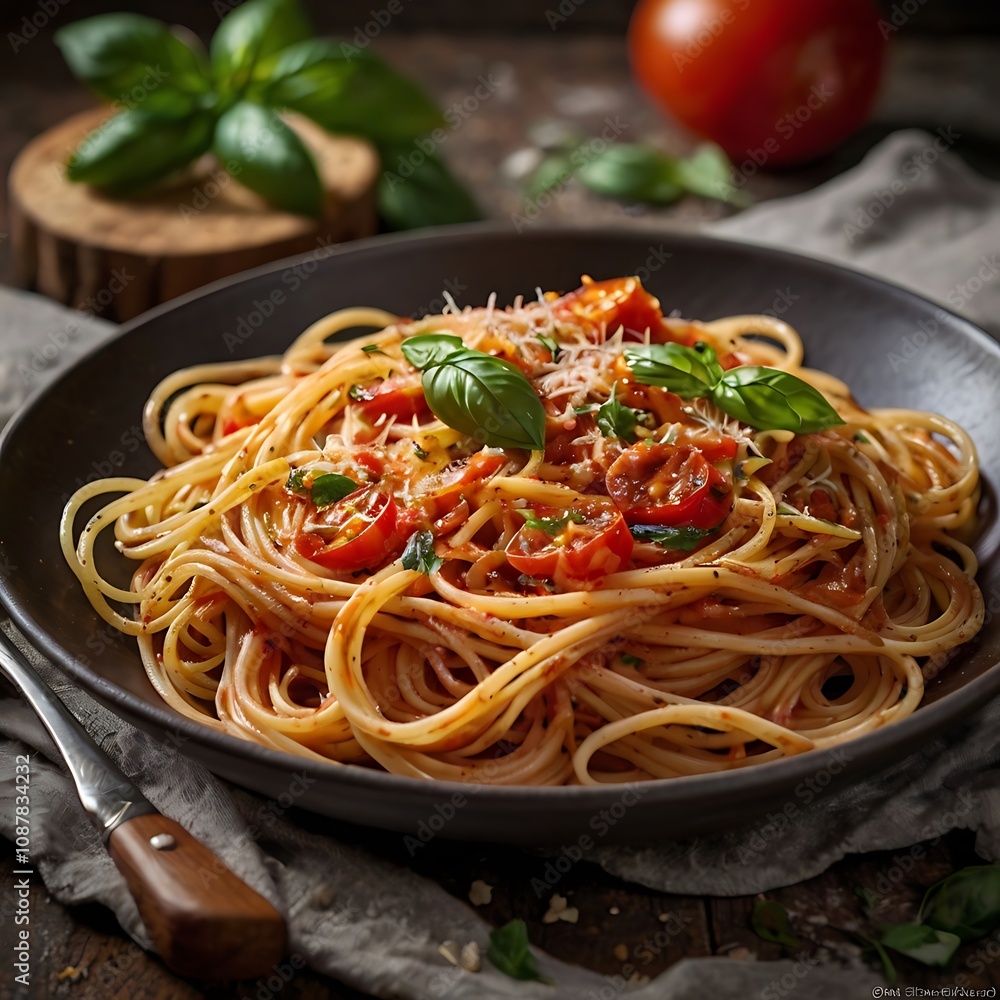 Delicious plate of spaghetti served with fresh basil and tomato sauce at an Italian kitchen during dinner time Delicious plate of spaghetti served with fresh basil and tomato sauce at an Italian kitchen during dinner time