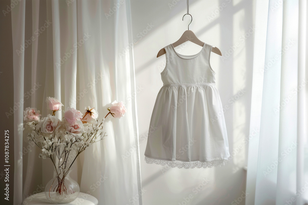 A simple white children's dress hanging on clothes hangers. A bright room with subdued natural lighting. It is ideal for creating a mockup to demonstrate the design patterns of clothes for kids