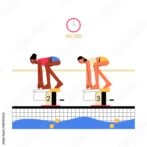 Female Swimmers At Starting Blocks In Flat Vector Illustration Symbolizing Sports, Competition, And Determination, Isolated On White Background