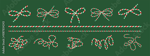 Сotton baker twine, ribbon red green white, packing thread, bow for decoration, tying boxes, gift wrap for Christmas, New year. Isolated elements on background for banner, cards. Vector EPS10