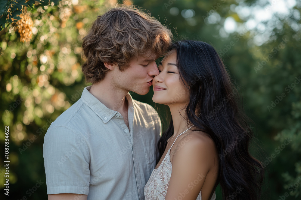 Man Kissing Woman’s Forehead in Sunlit Garden
Man Kissing Woman’s Forehead in Sunlit Garden