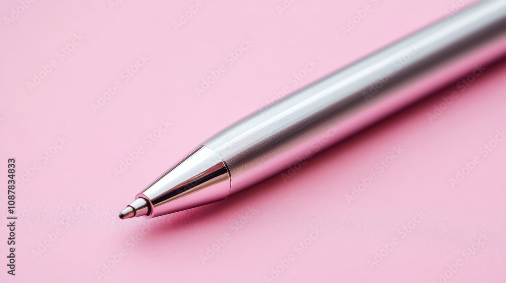A Minimalist Silver Pen Placed Elegantly on a Solid Pink Background Ideal for Stationery and Branding Concepts A Minimalist Silver Pen Placed Elegantly on a Solid Pink Background Ideal for Stationery and Branding Concepts