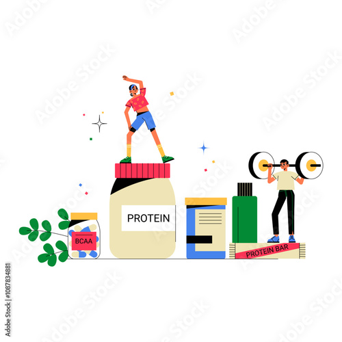Protein Jar With Female Athlete In Flat Vector Illustration Symbolizing Fitness, Nutrition, And Health Supplements, Isolated On White Background.
