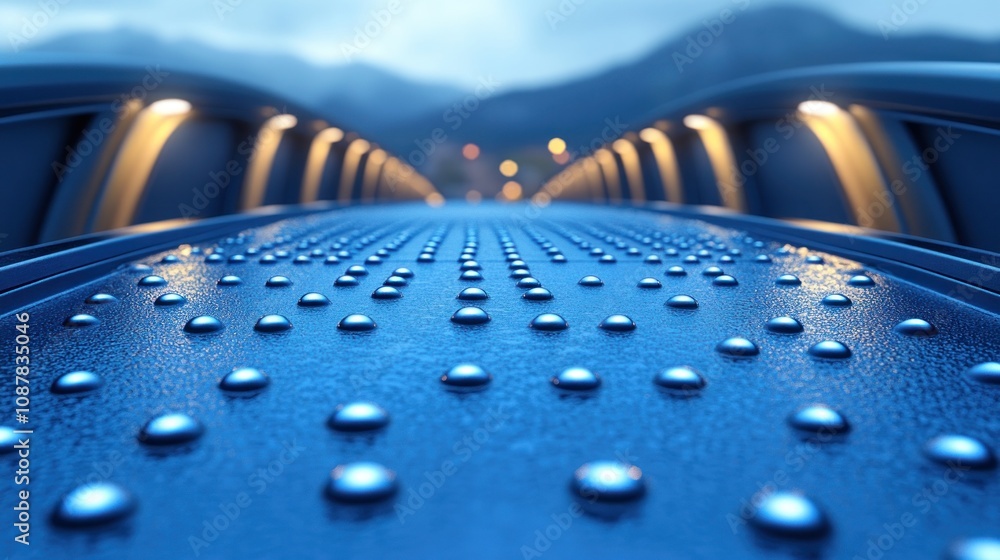 Close-up of a metal bridge deck with a row of round rivets leading into the distance. Close-up of a metal bridge deck with a row of round rivets leading into the distance.