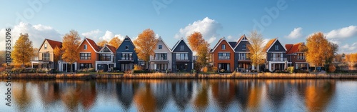 Colorful riverside houses reflected on the water under clear skies in a peaceful town