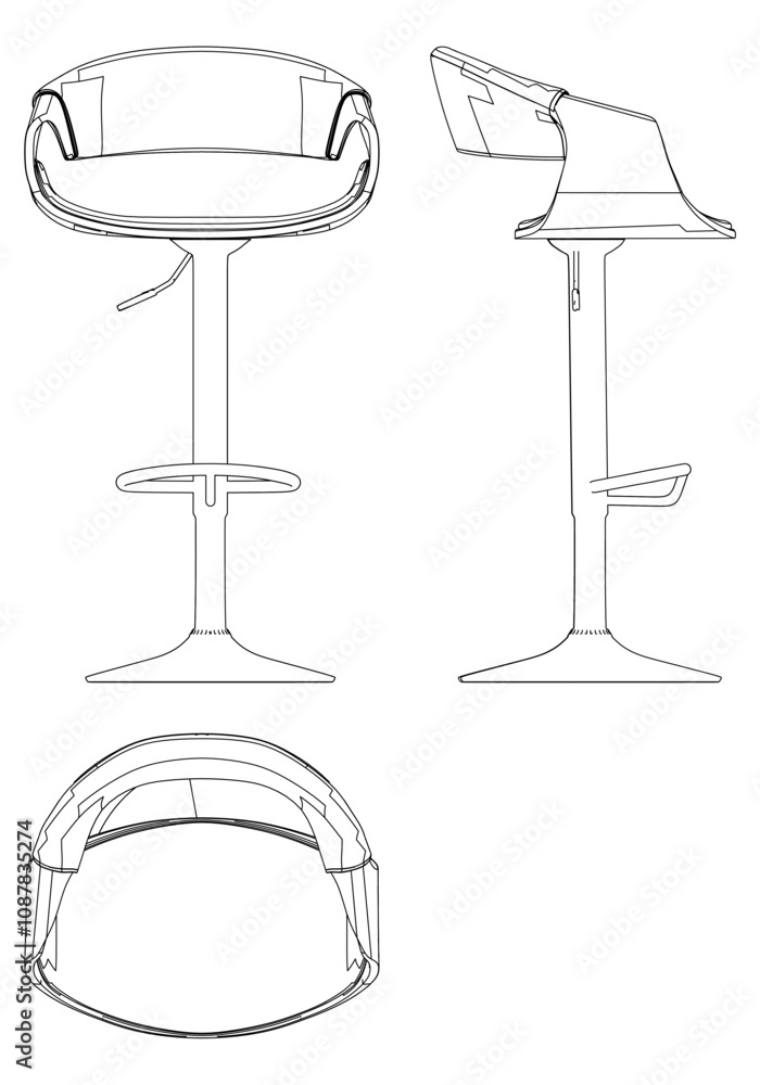 Bar Chair, Bar stool editable vector illustration on white background. chair Line art, clip art, Fancy Chair, Hand-drawn design elements with Front, Side, and Top Views Bar Chair, Bar stool editable vector illustration on white background. chair Line art, clip art, Fancy Chair, Hand-drawn design elements with Front, Side, and Top Views