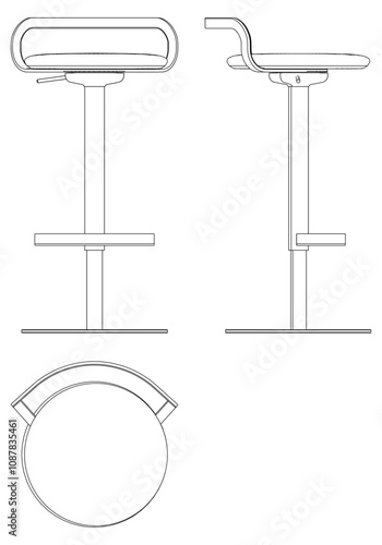 Bar Chair, Bar stool editable vector illustration on white background. chair Line art, clip art, Fancy Chair, Hand-drawn design elements with Front, Side, and Top Views