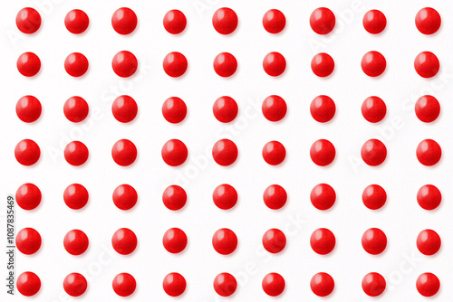 A seamless red polka dot pattern on a white background, ideal for textile design, packaging, festive decorations, and cheerful holiday materials.