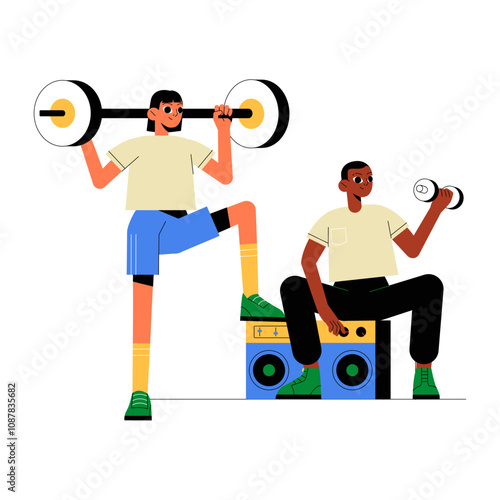 Male Weightlifters Training With Dumbbells And Barbells In Flat Vector Illustration Symbolizing Strength, Fitness, And Health, Isolated On White Background