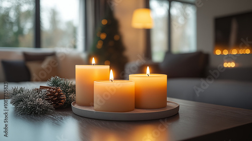 Lit candles with pine decorations for winter holidays