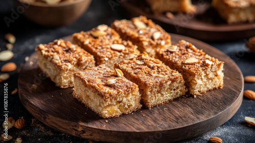 "Homemade Delight: Sweet Apple Cake with Almonds on a Wooden Plate"