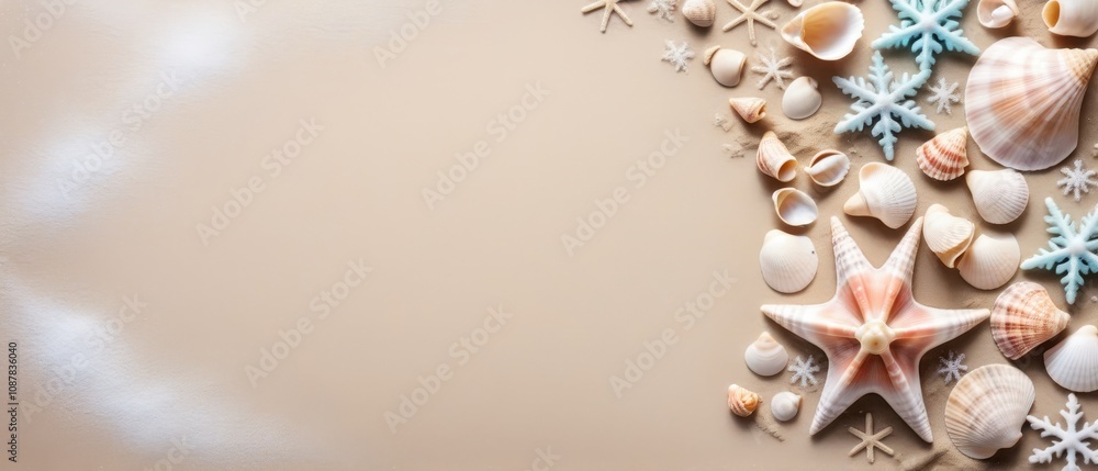 Seashells in soft pastel tones arranged as a Christmas star, with glittering snowflakes scattered across a sandy surface, evoking a peaceful Christmas vibe Seashells in soft pastel tones arranged as a Christmas star, with glittering snowflakes scattered across a sandy surface, evoking a peaceful Christmas vibe