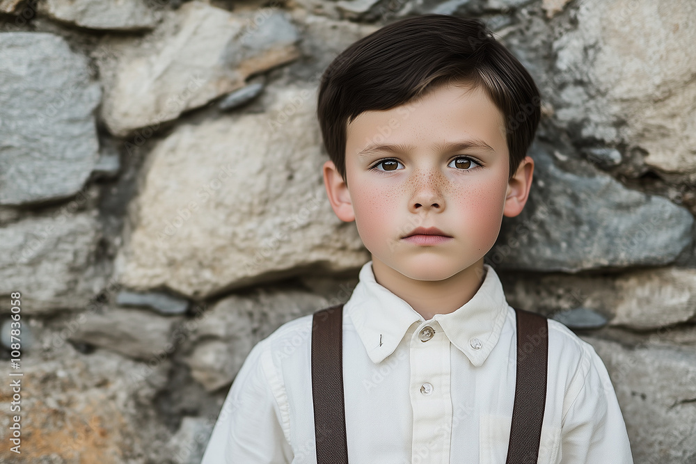 Serious Boy in White Shirt Against Stone Wall Serious Boy in White Shirt Against Stone Wall
