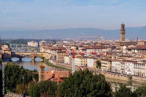 Florence, Italy - November 5, 2024: Florence cityscape and The Ponte Vecchio (Old Bridge).