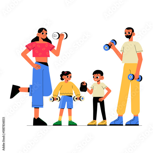 Family Fitness Workout With Dumbbells In Flat Vector Illustration Symbolizing Health, Bonding, And Physical Activity, Isolated On White Background