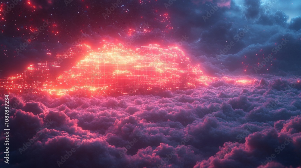 Fototapeta premium A vibrant, digital landscape above clouds, illuminated with neon-like patterns.