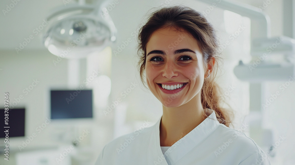 Bright smile of a dental assistant in a modern clinic showcasing positive patient care Bright smile of a dental assistant in a modern clinic showcasing positive patient care