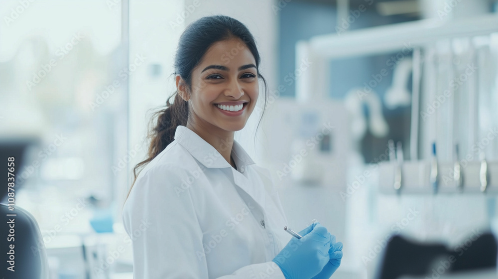 Smiling female scientist in laboratory coat examining samples during research Smiling female scientist in laboratory coat examining samples during research