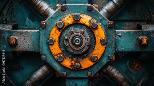 Close-up of a rusty, teal industrial machine's central hub with bolts and pipes.