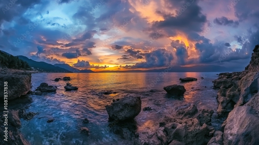 Majestic Coastal Sunset Panorama: Serene Ocean Meets Vibrant Sky Majestic Coastal Sunset Panorama: Serene Ocean Meets Vibrant Sky