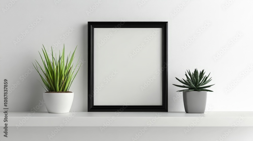 Blank minimalist picture frame on shelf with clean, modern interior design Blank minimalist picture frame on shelf with clean, modern interior design