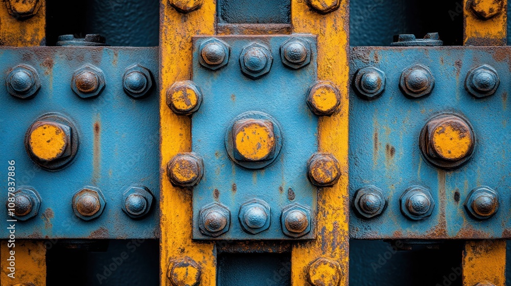 Close-up of blue and yellow metal structure with bolts. Close-up of blue and yellow metal structure with bolts.