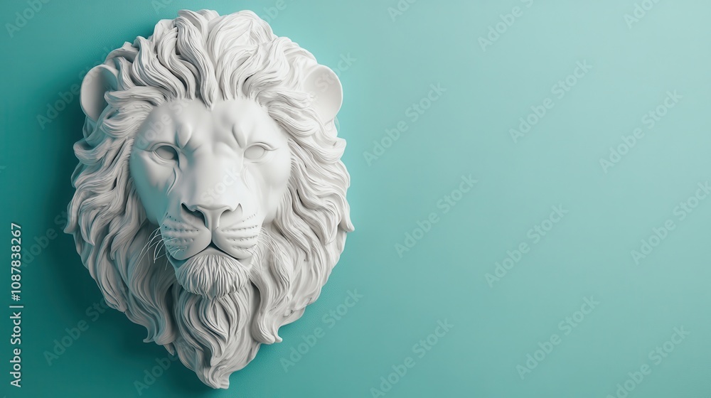 Obraz premium Elegant Minimalist White Ceramic Lion Head Decorated on a Light Background for Contemporary Home Design and Artistic Interiors