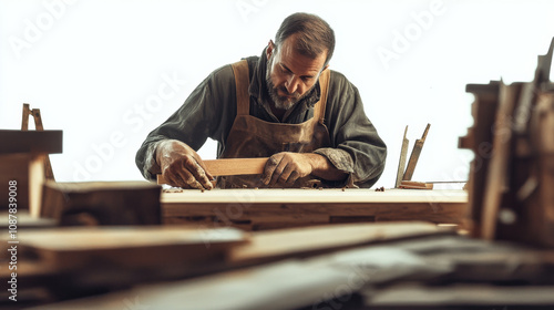 A skilled carpenter works intently on a wooden project, surrounded by tools and wooden planks, all displayed on a white background. photo