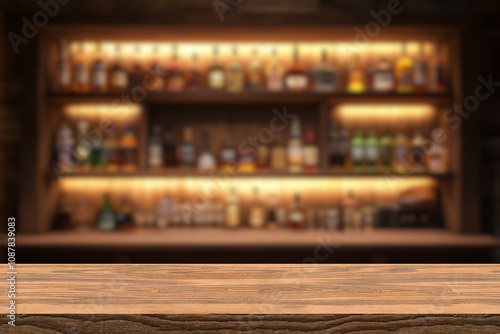 Empty wooden bar counter with defocused background and bottles of restaurant, bar or cafeteria background for your product display