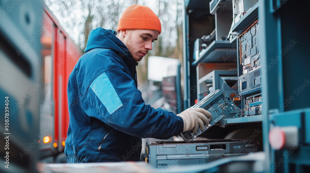 Technician handling e-waste for recycling and sustainability efforts in urban environment Technician handling e-waste for recycling and sustainability efforts in urban environment