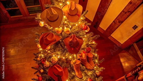 Christmas tree decorated with cowboy hats and boots under bright lights in Texas
