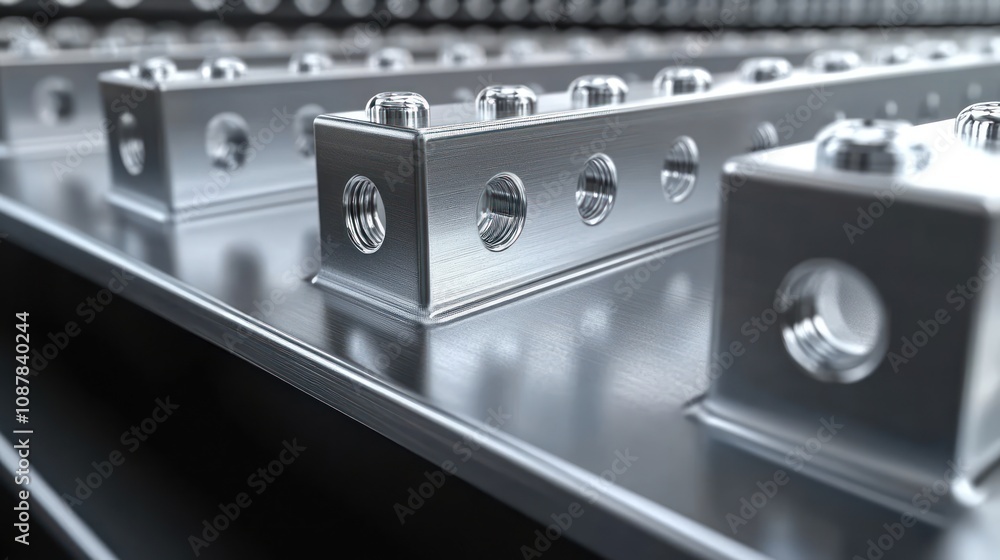 Close-up of metallic bars with threaded holes on a metal surface. Close-up of metallic bars with threaded holes on a metal surface.