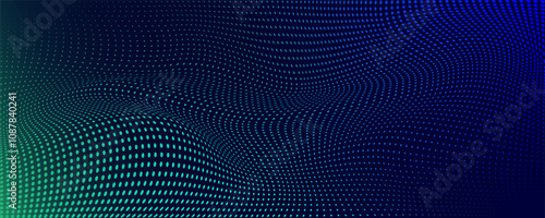 Background design with moving abstract wave glowing dots, neon lights in blue green gradient. Hi-tech or technological mood Modern,signs of the human brain shift of energy.