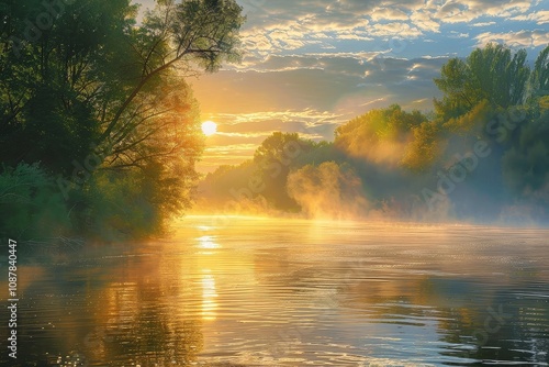 Misty Sunrise Over River