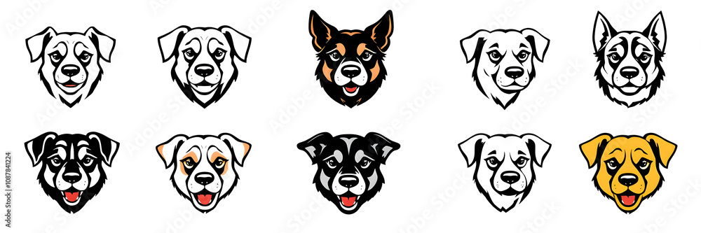 Obraz premium Dog different head mascot collection, black outline logo set. Vector illustration. Generative AI