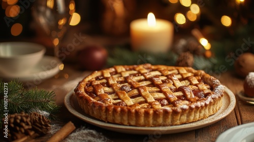 Homemade pies with golden lattice crusts on wooden tables, surrounded by cozy holiday decor, candles, and blurred festive elements in the background, evoking warmth and celebration.