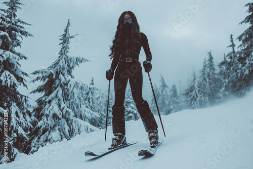 African American woman at winter ski resort skiing in snow