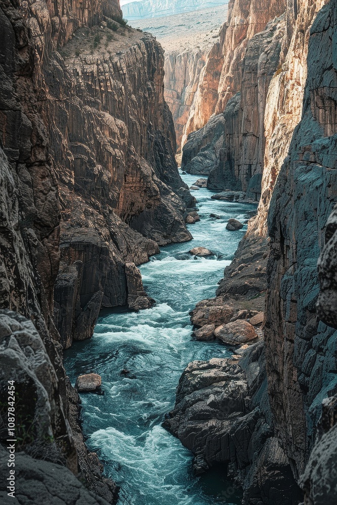Obraz premium Canyon's Majestic Cliffs and Flowing Depths