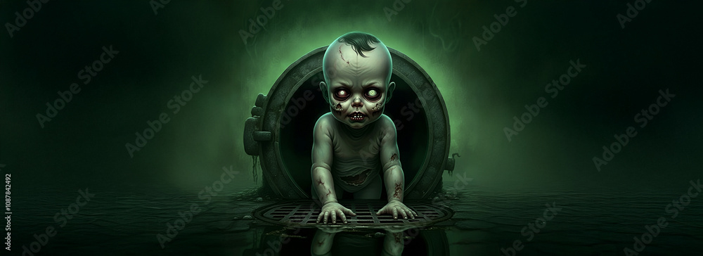 Zombie Climbing out of a Gross Sewer Pipe Drain, Halloween Scary Undead Dead Horror Graphic