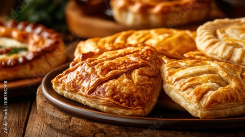 Homemade pies with golden lattice crusts on wooden tables, surrounded by cozy holiday decor, candles, and blurred festive elements in the background, evoking warmth and celebration.