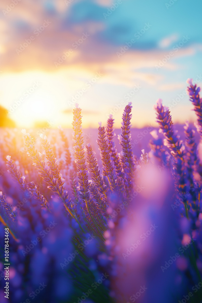 Naklejka premium Lavender field in morning sun. Blooming lavender in Provence, France