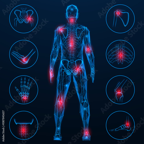 Human skeleton from the back, joint pain. Polygonal design of lines and dots. Blue background.