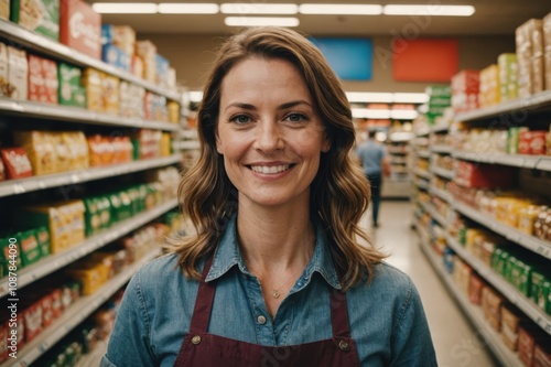 Close portrait of a smiling 40s American female grocer standing and looking at the camera, American grocery store blurred background