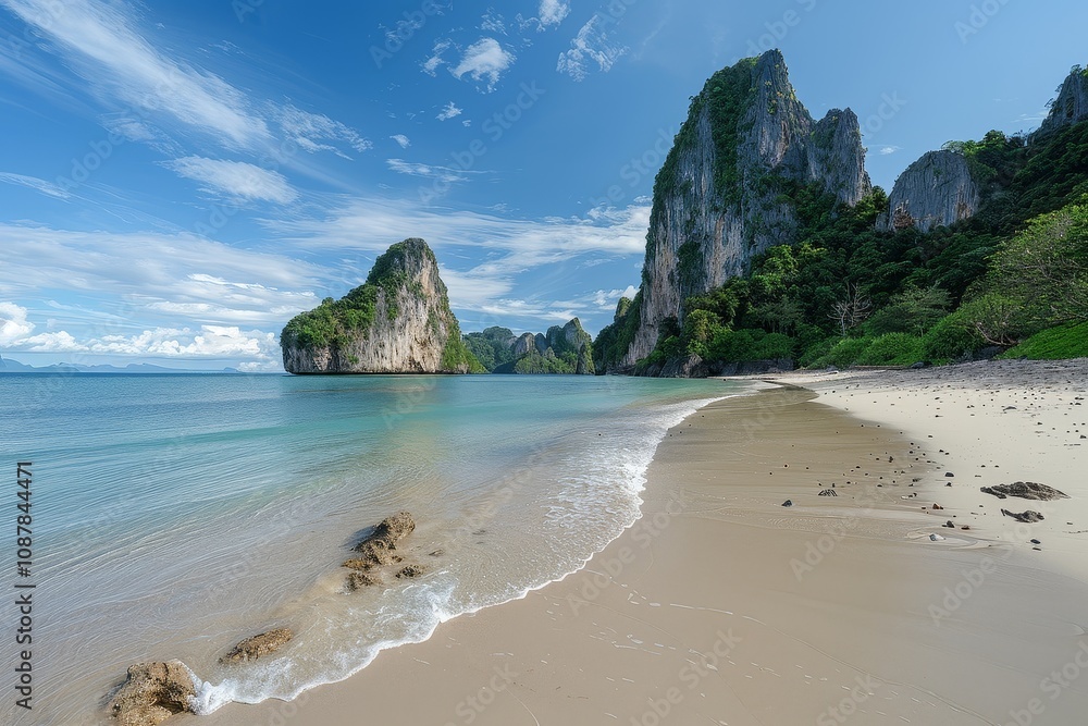 Serene Beach Panorama with Majestic Cliffs and Geological Wonders Serene Beach Panorama with Majestic Cliffs and Geological Wonders