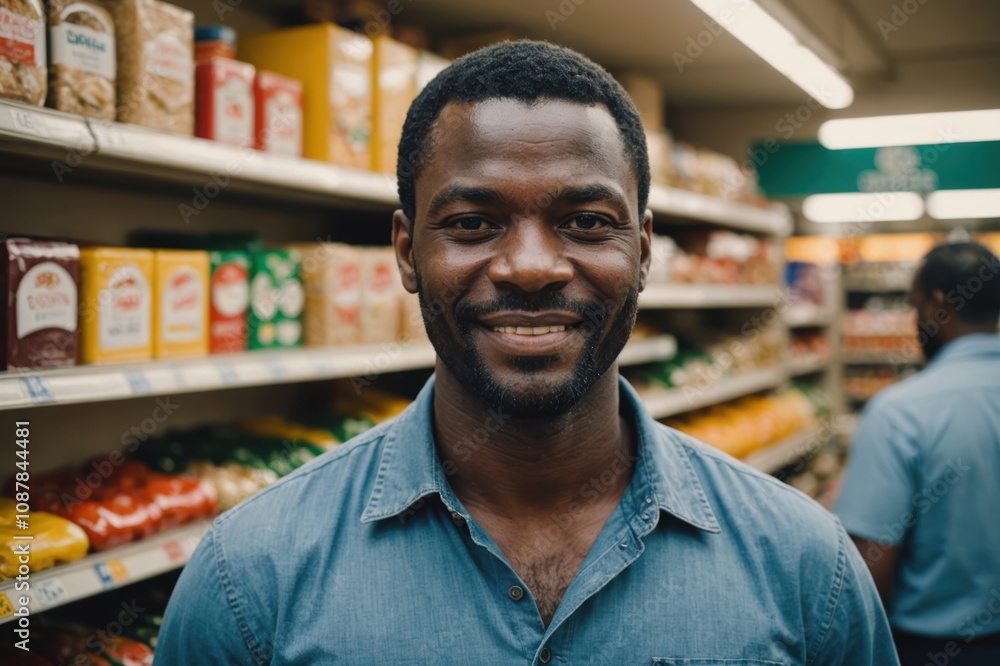 Close portrait of a smiling 40s Angolan male grocer standing and looking at the camera, Angolan grocery store blurred background Close portrait of a smiling 40s Angolan male grocer standing and looking at the camera, Angolan grocery store blurred background