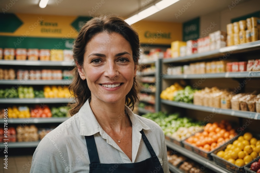 Close portrait of a smiling 40s Argentine female grocer standing and looking at the camera, Argentine grocery store blurred background Close portrait of a smiling 40s Argentine female grocer standing and looking at the camera, Argentine grocery store blurred background