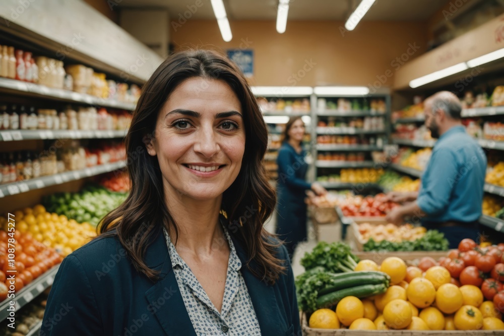 Close portrait of a smiling 40s Armenian female grocer standing and looking at the camera, Armenian grocery store blurred background Close portrait of a smiling 40s Armenian female grocer standing and looking at the camera, Armenian grocery store blurred background