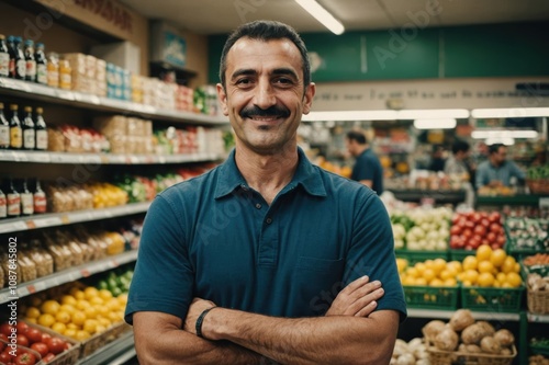 Close portrait of a smiling 40s Azerbaijani male grocer standing and looking at the camera, Azerbaijani grocery store blurred background